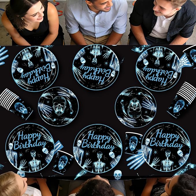 170Pcs X Ray Birthday Party Supplies Radiology Plates and Napkins Cups Forks Tablecloth Radiology Medical X Ray Skeleton Goth Theme Tableware Set for Kids Adults Birthday Party Supplies Serves 24
