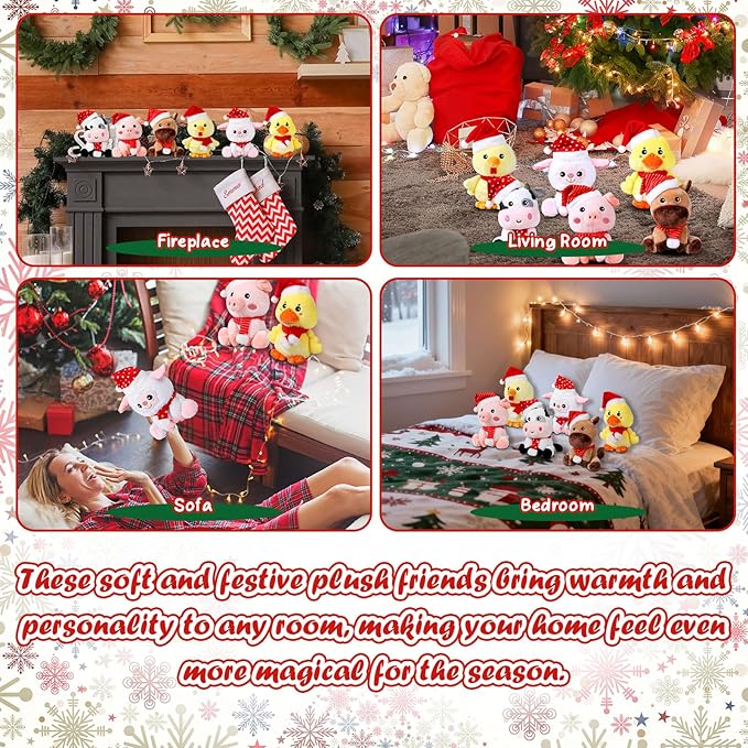 6 Pcs 7 Inch Large Farm Animals Bulk with Red Hat & Scarf Horse Sheep Cow Duck Chick Pig Stuffed Animals Toys for Woodland Baby Showers Party Decor Birthday Gifts Classroom Prize