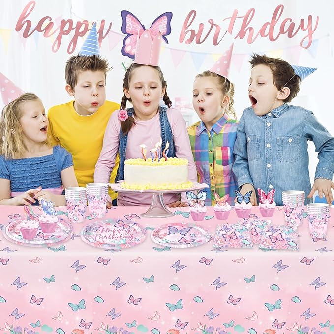 Butterfly Birthday Party Supplies Decorations Tableware Set Serves 25 Butterfly Disposable Paper Plates Napkins, Cups, Cake Toppers Tablecloth, Banner, and Balloons for Butterfly Decorations