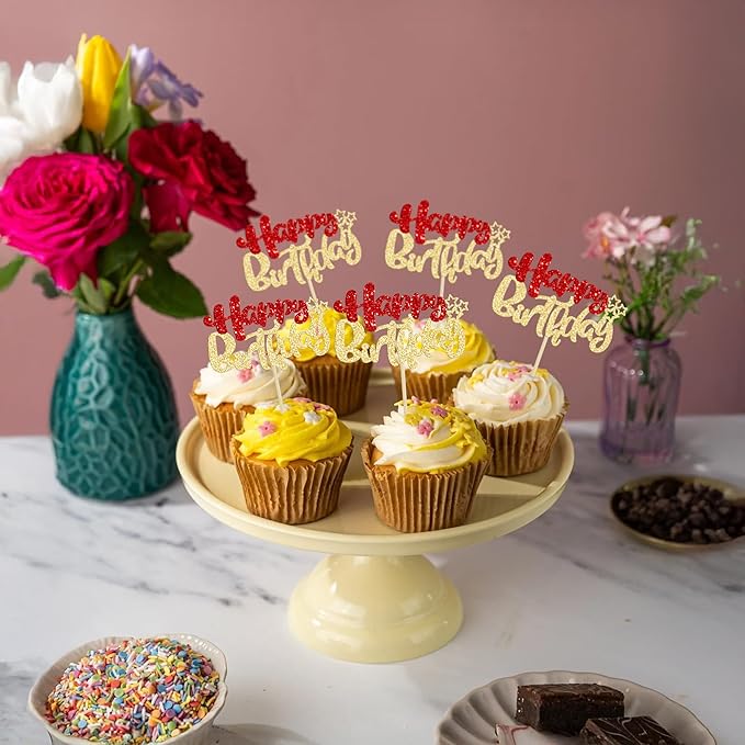 Ephlyn 24Pcs Happy Birthday Cupcake Toppers Double Layer Glitter Happy Birthday Cake Decorations for Christmas Theme Baby Shower Anniversary Party Decorations Supplies Red Gold