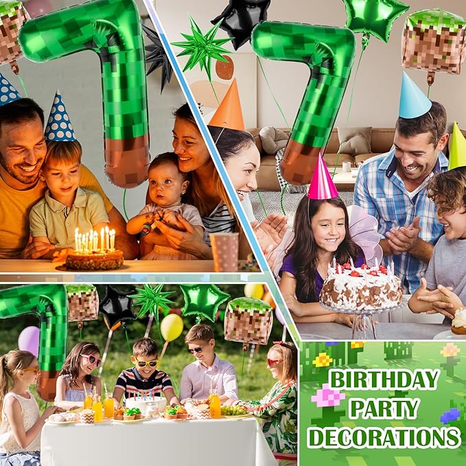 40 Inch Green Pixel Miner Number 7 Balloon Set, 7Pcs MIning Large Foil Balloon Video Game Themed Party Party Decorations for Kids' Anniversary Balloon Party Supplies Supplies