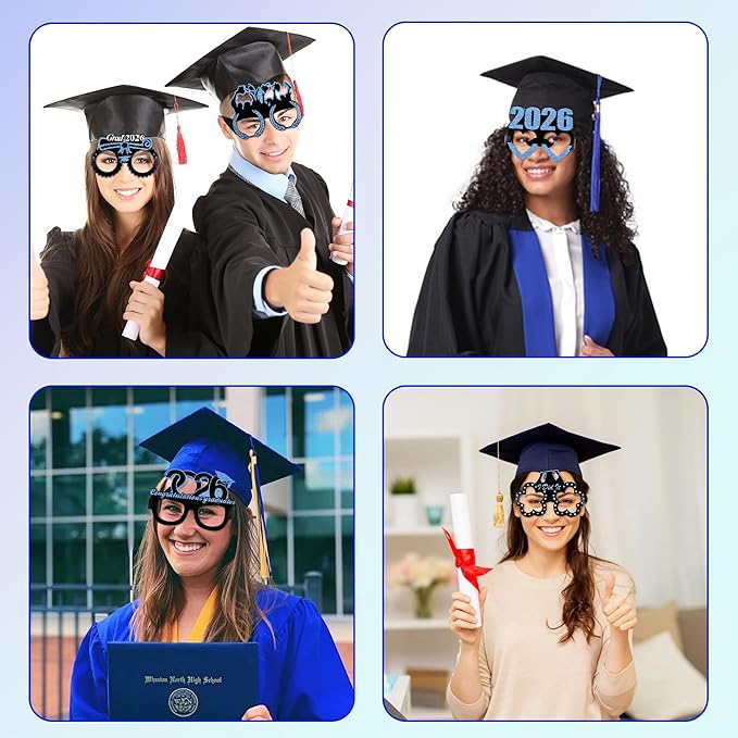 12 Pcs 2026 Graduation Party Glasses Class of 2026 Grad Party Eyeglasses Photo Props for Graduation Party Decorations（Blue）