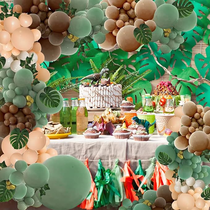 PERPAOL 148PCS Sage Green Brown Balloon Garland Kit, Jungle Safari Woodland Forest Wild One Camper Balloon Arch, Olive Green Gold Coffee Cocoa Balloons for Birthday Wedding Shower Party Decorations