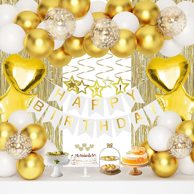 Gold Birthday Decorations, White and Gold Balloons Party Decorations Set, Golden Happy Birthday Banner Fringe Curtain Party Decorations for Kids Women Men Girls Golden Birthdays Party Supplies