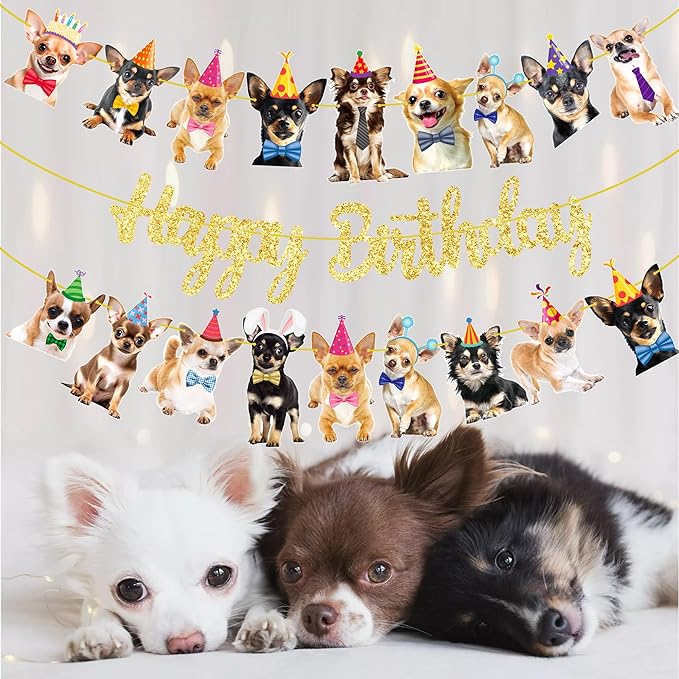 Chihuahua Birthday Party Banners - 3Pcs Dog Themed Decorations for Puppy Dog Party Supplies