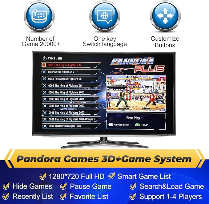 Pandora Box Console 32000 Arcade Games in 1,Retro Game Machine for TV PC Projector, Supports Up to 4 Players, Full HD Output, Search, Save, Hide, Favorites List