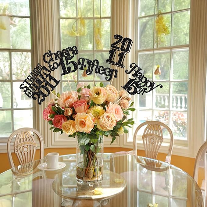 Gyufise 15Pcs Happy 15th Birthday Centerpiece Sticks Fifteen Straight Outta 2011 Table Flower Centerpieces Sticks for Cheers to 15th Birthday Party Supplies Black