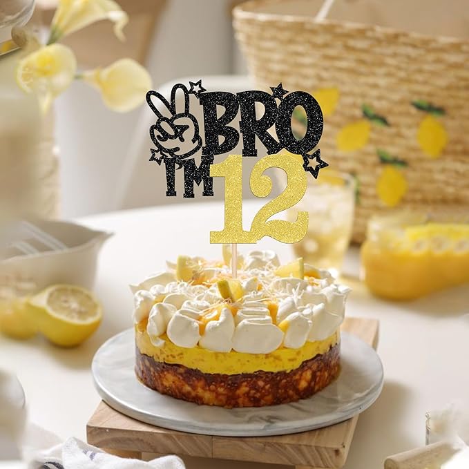 1 PCS Brother I'm 12 Cake Topper Glitter Star Happy 12th Birthday Cake Pick Bro I'm 12 Cake Decoration It's My 12th Birthday Decorations for Boys Cheers to 12 Years Old Birthday Party Supplies Gold