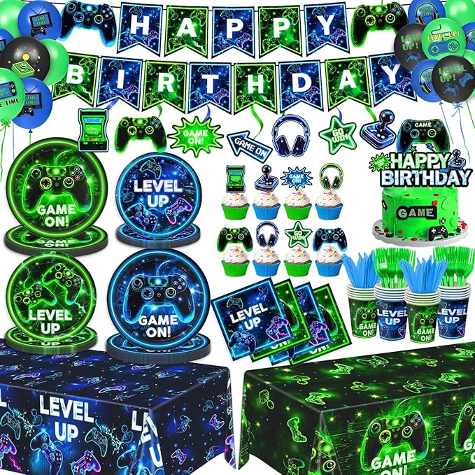 Video Game Birthday Decorations – Neon Game Tableware: Plates, Napkins, Cups, Cutlery, Cake & Cupcake Toppers, Banner, Hanging Swirls, Tablecloths, Balloons for Boy Gamer Birthday Party, Serves 24