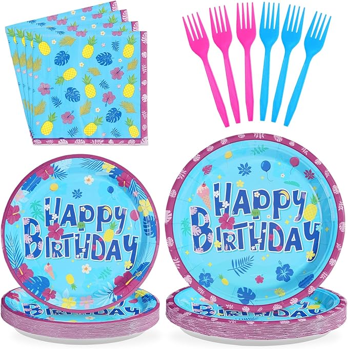 96Pcs Hawaiian Birthday Decorations Tropical Luau Blue Cartoon Plates and Napkins Tableware Sets Hawaii Hibiscus Party Decorations Favors for Summer Aloha Beach Pool Holiday Party Supplies Serves 24