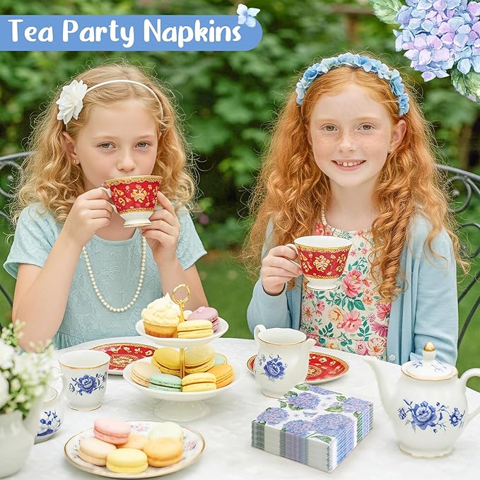 100 Pcs Hydrangea Napkins, Floral Cocktail Napkins Blue and Light Purple Hydrangea Flower Napkin Beverage Dessert Napkin for Bridal Baby Shower, Tea Party, Birthday