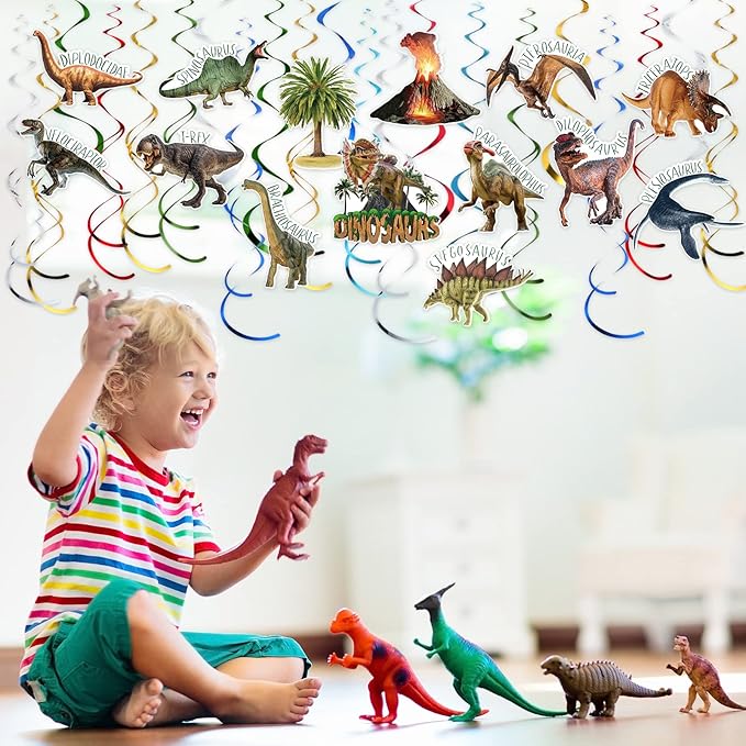 Faccito 57 Pcs Dinosaur Hanging Swirls Birthday Party Decorations Jungle Theme Party Supplies Dinosaur Foil Swirls Ceiling Spiral Streamers for Girl Boy Baby Shower, Only 27 Cards
