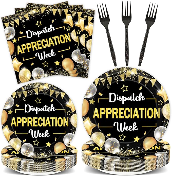 96PCS Dispatch Appreciation Week Party Paper Plates and Napkins Thank You Party Decor Black Gold Work Anniversary Tableware for Staff Employee Party Gatherings Decorations