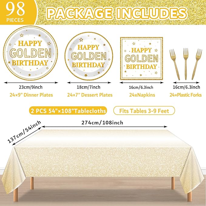 98PCS Happy Golden Birthday Party Supplies Happy Golden Birthday Paper Plates Napkins Tablecloths White Gold Dinnerware for Women Men Party Decorations for 24 Guests