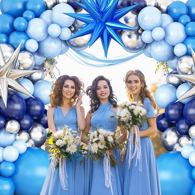 Blue Silver Balloon Arch Garland Kit, Navy and Pastel Blue Latex Party Balloons With Silver Star Foil Balloon for Birthday, Baby Shower, Wedding, Graduation, Anniversary Party Decor