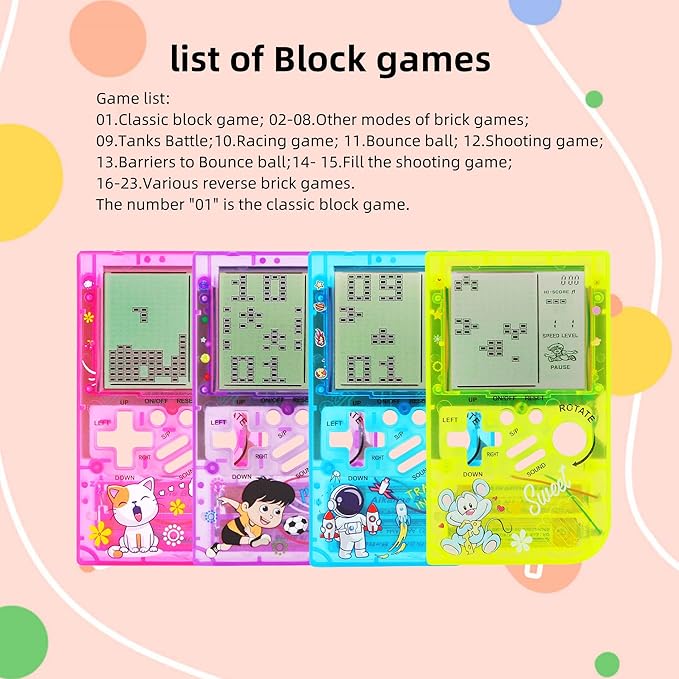 CZT Transparent Block Game Machine 23 Built-in Games Retro Children's Console Student Game Device Puzzle Handheld Console Electronic Brick Games Compact Portable Christmas Girl Gifts (Blue)