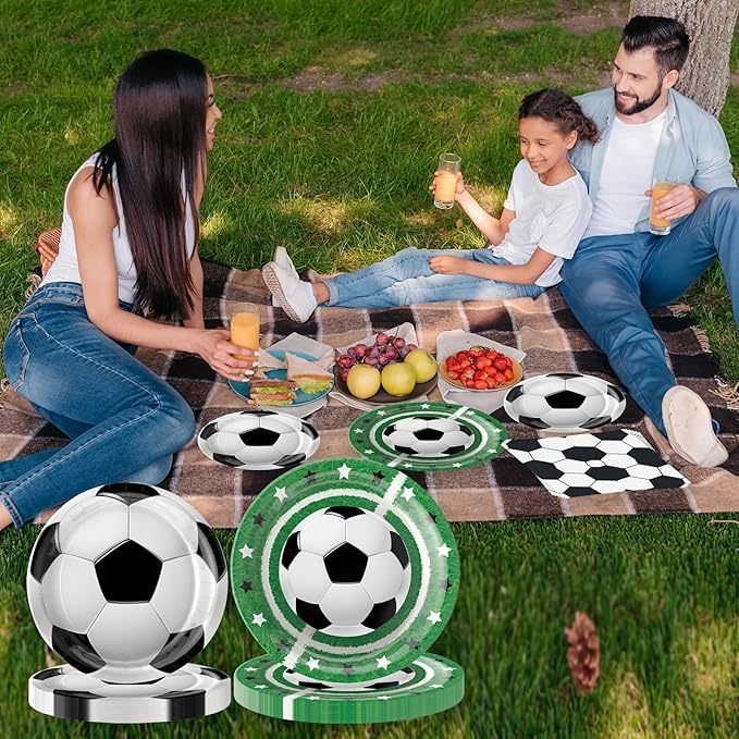 96Pcs Soccer Plates and Napkins Party Supplies- Sports Birthday Paper Plates Napkins Forks Dinnerware Soccer Ball Party Decor for Soccer Fans Baby Shower Boys Girls Birthday Gatherings Serves 24