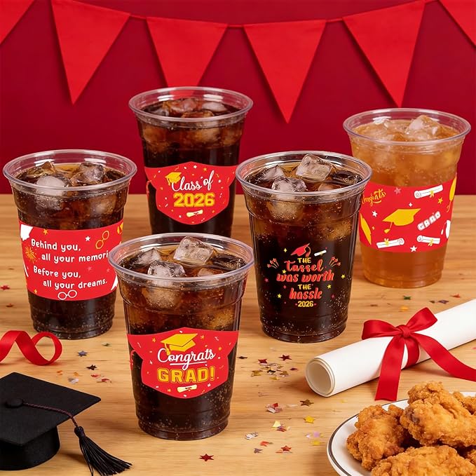GuassLee Red Gold Graduation Decorations 2026 Party Cups - 50pcs 12 Oz Red and Gold Disposable Graduation Plastic Clear Cups for Drinks Class of 2026 Grad Party Supplies