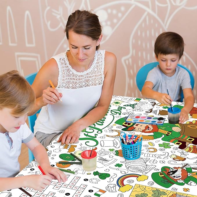 St. Patrick’s Day Coloring Tablecloth for Kids, Giant 30x72 Inch Poster with Shamrocks, Leprechauns, Perfect for Party Games, Holiday Decorations, Classroom Activities, Party Supplies