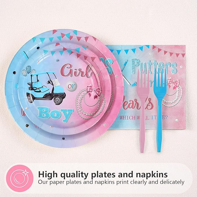 96Pcs Golf Gender Reveal Decorations Putters Or Pearls Plates and Napkins Tableware Sets Blue or Pink Decorations for Golf Theme He or She Gender Reveal Baby Shower Birthday Party Supplies Serves 24