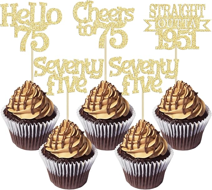 Ephlyn 24Pcs 75th Birthday Cupcake Toppers Glitter Straight Outta 1951 Cupcake Picks Hello 75 Cheers to 75 Years Cake Decorations for 75th Birthday Anniversary Party Decorations Supplies Gold