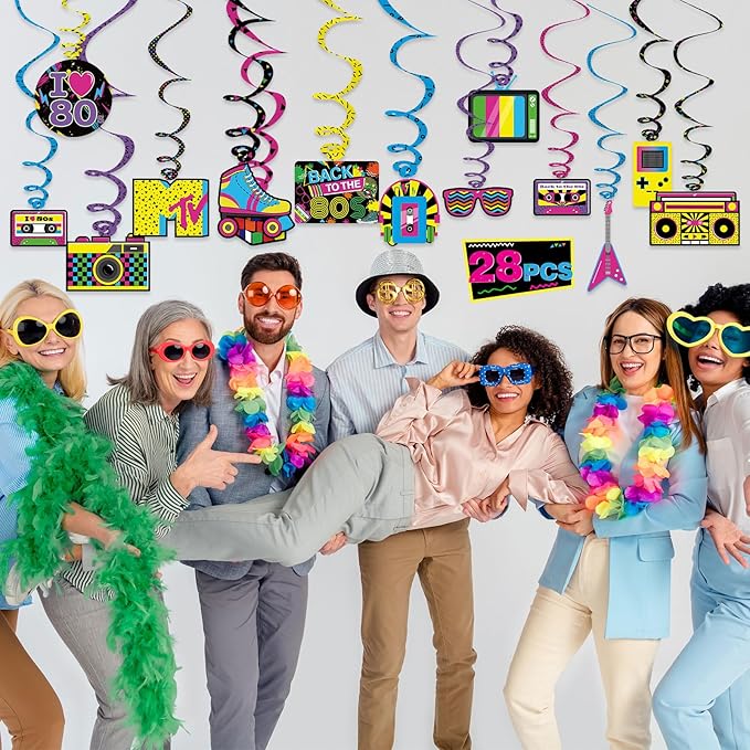 Bessmoso 28PCS 80s Party Decorations – Retro Hanging Swirls & Ceiling Streamers for 1980s Throwback Birthday, Neon Back to The 80’s Party Supplies
