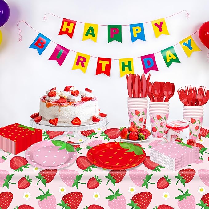 Augisteen Strawberry Party Tableware Set Strawberry Theme Paper Plates Napkins Cups Strawberries Plastic Tablecloth Disposable Strawberries Party Supplies for Birthday Baby Shower, Pink