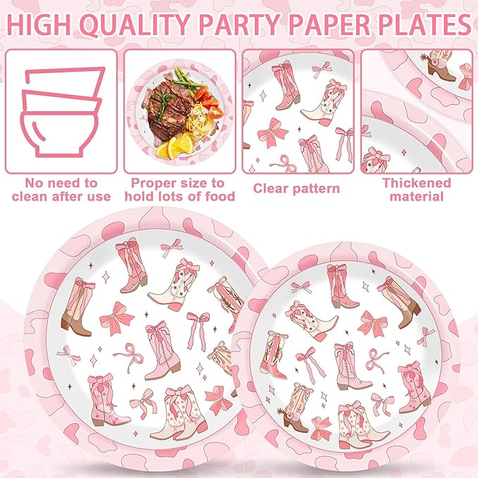 96Pcs Coquette Bow Cowgirl Happy Birthday Party Supplies Western Cowgirl Plates and Napkins Disposable Pink Bowknot Rodeo Tableware Bachelorette for Kids Set Decorations Favors Baby Shower Serve 24