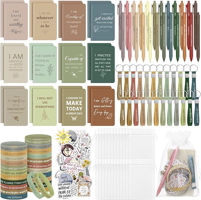 Aodaer 170 Pieces Positive Affirmation Gifts Set Motivational Quote Notebooks with Inspirational Pens Silicone Bracelets Keychains Stickers Organza Bags for School Office Party Favor Supply, Morandi
