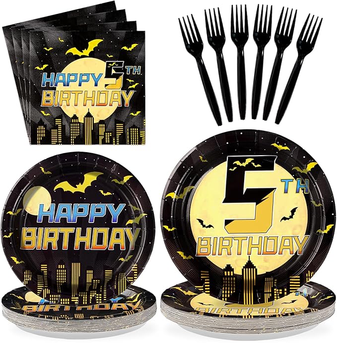 96Pcs Bat 5th Birthday Decorations Cartoon Bat Hero Plates and Napkins Sets Bats Birthday Party Decorations for Boys Girls 5 Years Old Super Theme Hero Bats Party Supplies Serves 24