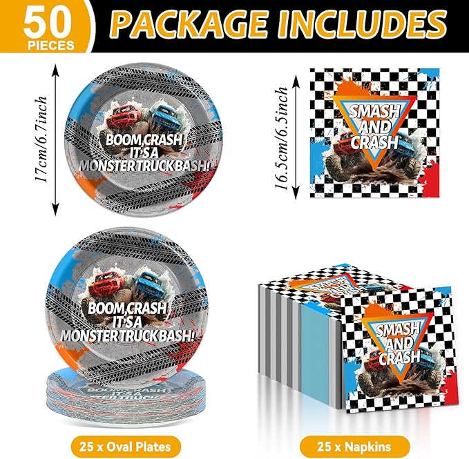 CHUNNIN 50Pcs Monster Truck Party Plates and Napkins Racing Car Party Decorations Monster Truck Disposable Race Car Tableware Set Serves 25 Guest Dinnerware Kids Boys Birthday Baby Shower Supplies