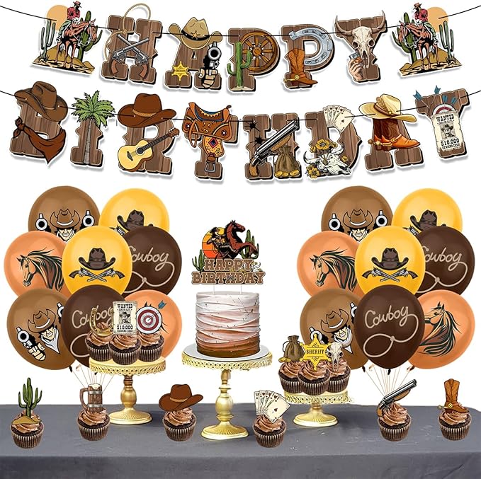 Western Cowboy Party Decorations, Cowboy Party Banner Balloon Cake Toppers for Boys and Girls Favorite Cowboy Theme Party Supplies
