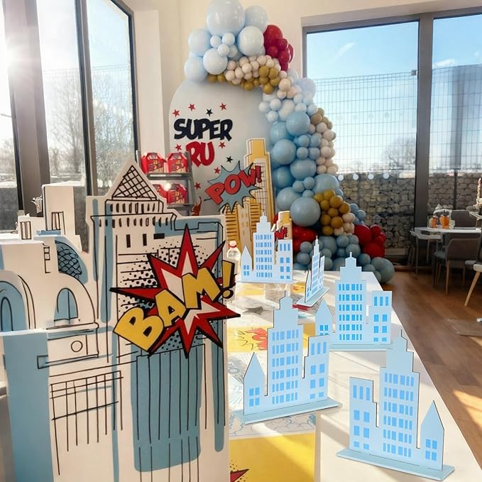 Geelin 6 Pcs Skyscraper Party Decorations Hero Party Decorations New York City Wood NYC Centerpieces City Skyline Building Decor for Comic Birthday Favors Supplies(Solid Style,Blue)