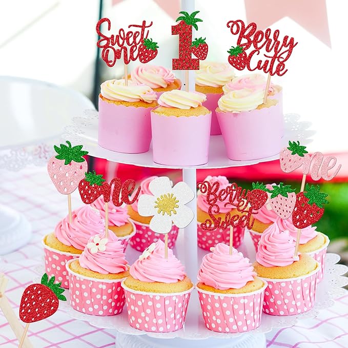 30 PCS Sweet One Strawberry Cupcake Toppers Glitter Sweet Berry 1st Birthday Cupcake Picks Strawberry Birthday Decorations for Baby Shower Kids First Birthday Party Cake Decorations Supplies
