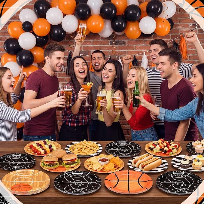 Qinyoung 100 Pcs Basketball Paper Plates 9" Disposable Birthday Party Plates Dinner Dessert Tableware Supplies for Basketball Sports Themed Birthday Game Day Party Decorations, Serves 50(Mixed Colors)