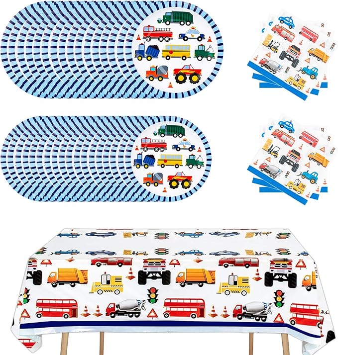 Transportation Birthday Decorations Trucks Party Plates Tablecloth And Napkins Vehicles Traffic Cars Transport Party Tableware Construction Party Supplies for Kids Boys | Serves 20 Guests