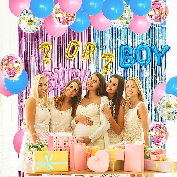 Gender Reveal Party Supplies Kit, Pink and Blue Balloons , Boy or Girl Foil Balloons, Tinsel Curtain, Gender Reveal Party Baby Photo Backdrop for Baby Shower Decorations