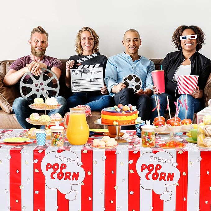 Irenare 6 Pieces Popcorn Tablecloth Decorations Plastic Popcorn Table Cover Carnival Theme Party Tablecloth for Carnival, Circus Themed, Movie Night Birthday Party Supplies, 54 x 108 Inch