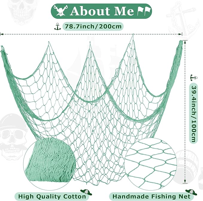 Shappy 2 Pcs Fish Net Decorative 80 x 40 Inch, Wall Hanging Fishnet for Mermaid, Pirate, Nautical, Under the Sea Party Decoration Ocean Themed Hawaii Beach Birthday Halloween Party Supplies(Aqua)