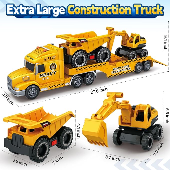 Toddler Boy Toys for 3 4 5 6 7 Years Kids, 27" Semi Construction Carrier Truck Toy with Excavator and Dump Truck, Friction Powered Toys with Lights and Sounds, Birthday for Boy Girls