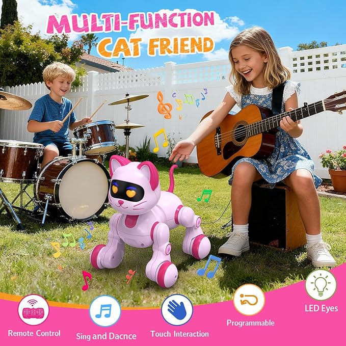 Robot Cat Toy for Kids, Interactive Robot Kitty with Touch Sensing, Remote Control Cat Robot Singing, Dancing, Walking, Sliding, Programmable Smart Pink Robotic Cat Pet for Girls