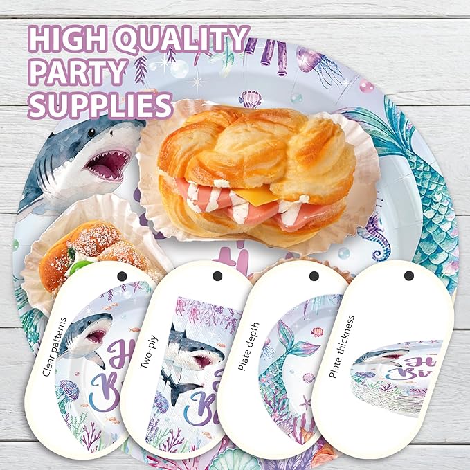 96Pcs Mermaid Shark Happy Birthday Decorations Ocean Sea Plates and Napkins Disposable Mermaid Shark Bday Paper Tableware for Girls Baby Kids Boys Birthday Baby Shower Bday Party Supplies Serves 24