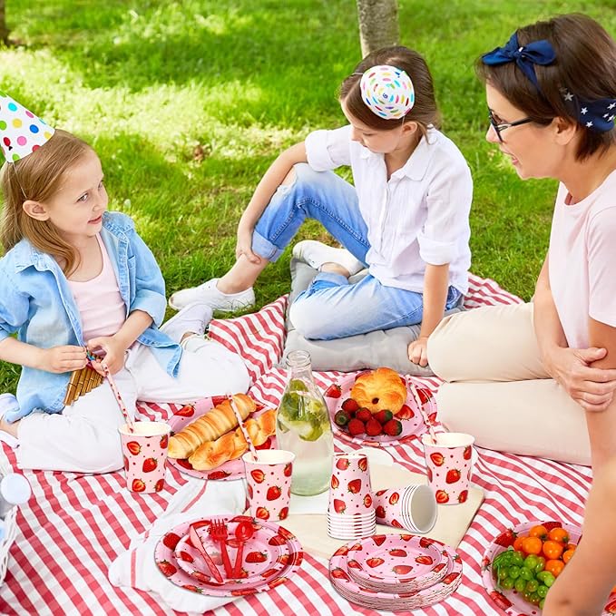 Sawysine 202 Pcs Strawberry Party Supplies Disposable Dinnerware Set 50 Plates 25 Cups 25 Napkins 25 Plastic Forks 25 Knives 25 Spoons 25 Straw Flag Tablecloth to Serve 25 Guests