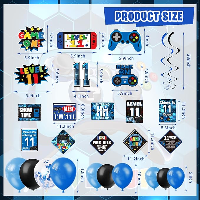 11th Birthday Decorations for Boys, 149Pcs Blue Video Game level 11 Party Supplies for Boy 11th Birthday - Backdrop, Banner, Balloons, Tablecloth, Centerpieces, Hanging Swirls, Wall Signs