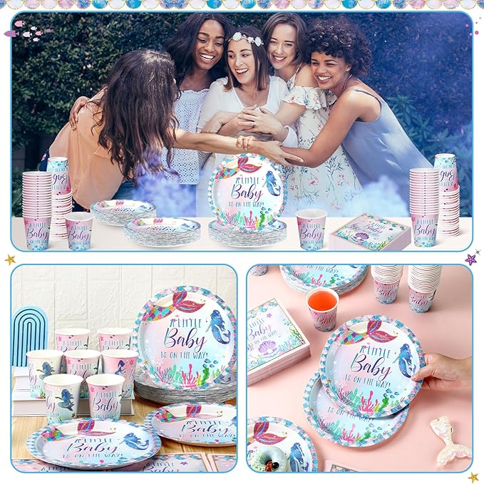 200 Pcs Mermaid Baby Shower Paper Plates Napkins Cups Under the Sea Baby Shower Party Supplies Tableware Set Purple Green Disposable Cup Napkin for 50 Guest Girls Spring Party Decoration