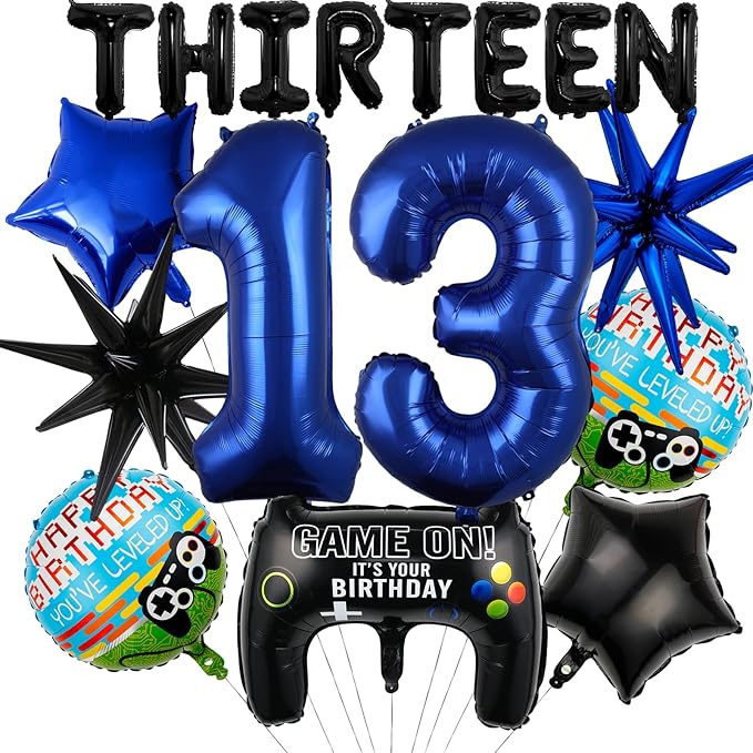 17pcs Video Game Themed Party Decorations, Number 13th Boys Birthday Party Supplies, Navy Blue Video Game Controller Mylar Foil Balloon, Video Game Party Decoration Supplies