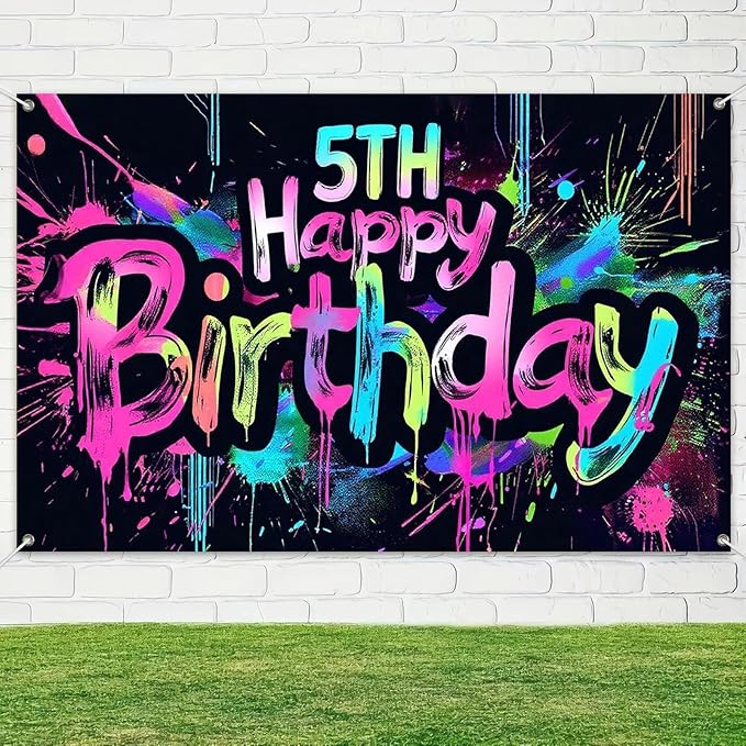 Neon 5th Happy Birthday Banner 71x43 Inch Paint Splatter Glow in The Dark Party Backdrop Colorful Wall Decor for Kids Boys Girls Fifth Birthday Celebrations Booth Props and Event Supplies