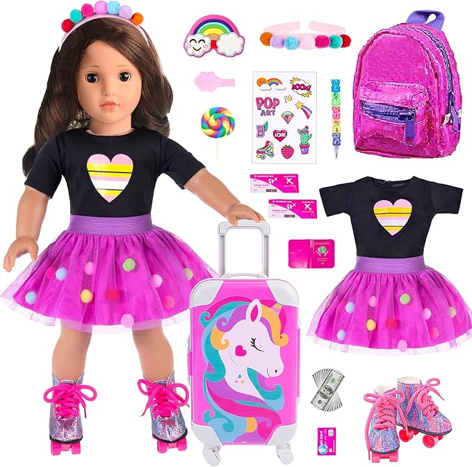 ebuddy 18 Inch Doll Clothes and Accessories Doll Travel Set with Suitcase Roller Skates School Supplies Playset Purple Unicorn Set Including Dress,Suitcase, Roller Skates,Hairpin,Hair Ring(No Doll)