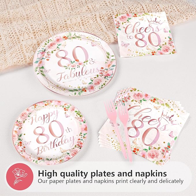 Grencian 96Pcs 80th Birthday Decorations for Women Floral 80th Birthday Party Plates and Napkins Disposable Rose Gold 80 Fabulous Tableware Set for Women 80 Years Old Party Supplies, Serves 24