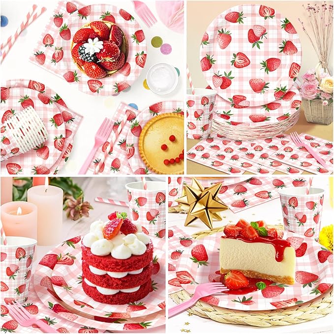 300 Pcs Berry First Birthday Decor, Strawberry Decorations For Party, Strawberry Shortcake Birthday Decorations, Plates and Napkins Serves 50 Guests